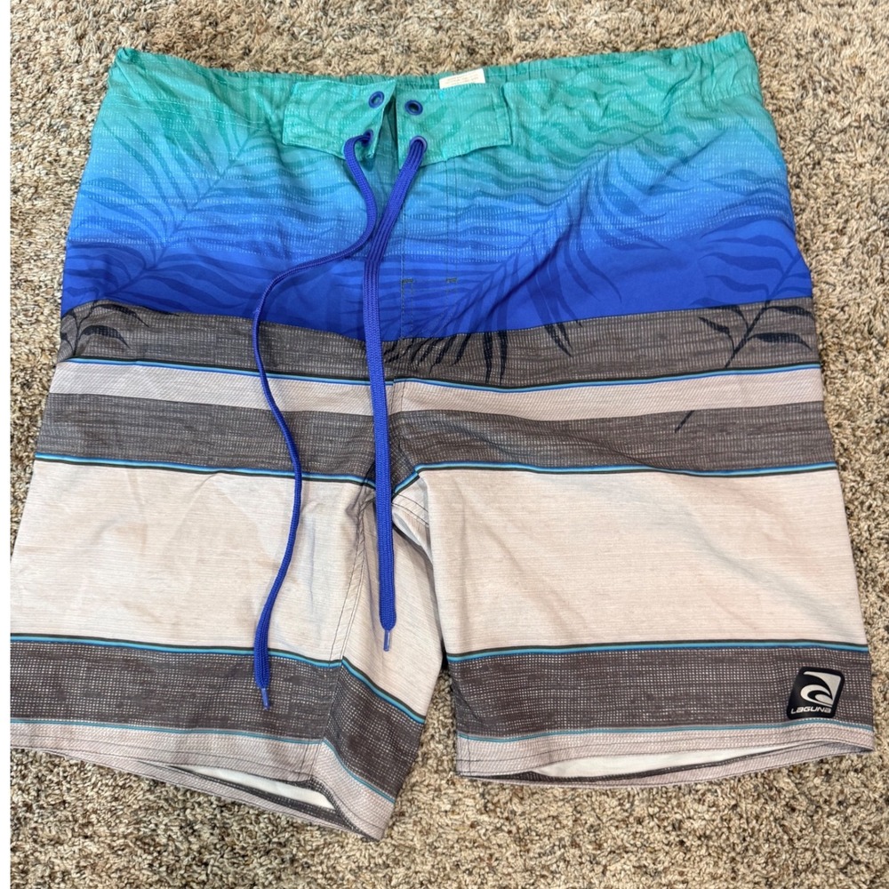 Laguna Mens Board Shorts Blue Teal Striped Tropical Swim Trunks Size Medium